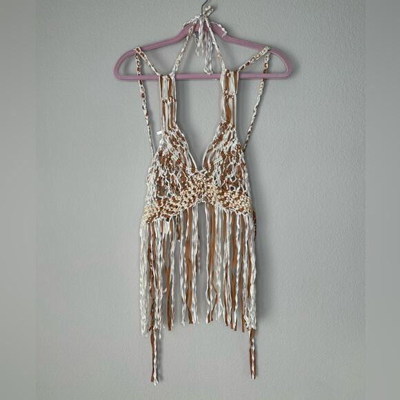 FREE PEOPLE Festival Macrame Metallic Beaded Halter Tank Top Cover Up Size Small - Picture 1 of 7